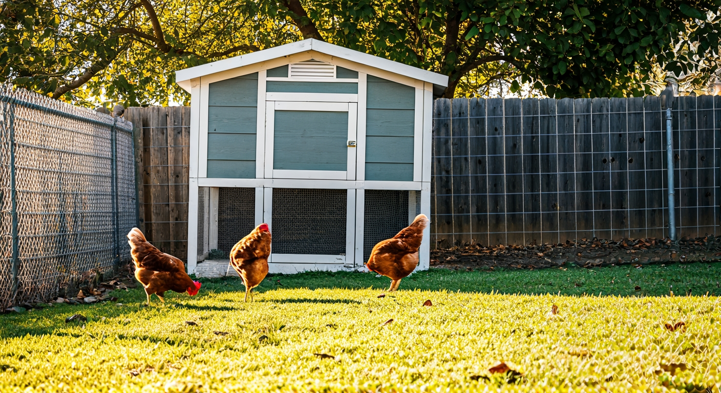 small chicken coop in a fenced suburban backyard, three brown hens scratching, late afternoon light