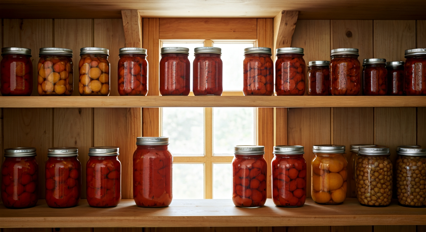 wooden pantry shelves lined with home-canned jars of tomatoes, peaches, and beans, soft window light