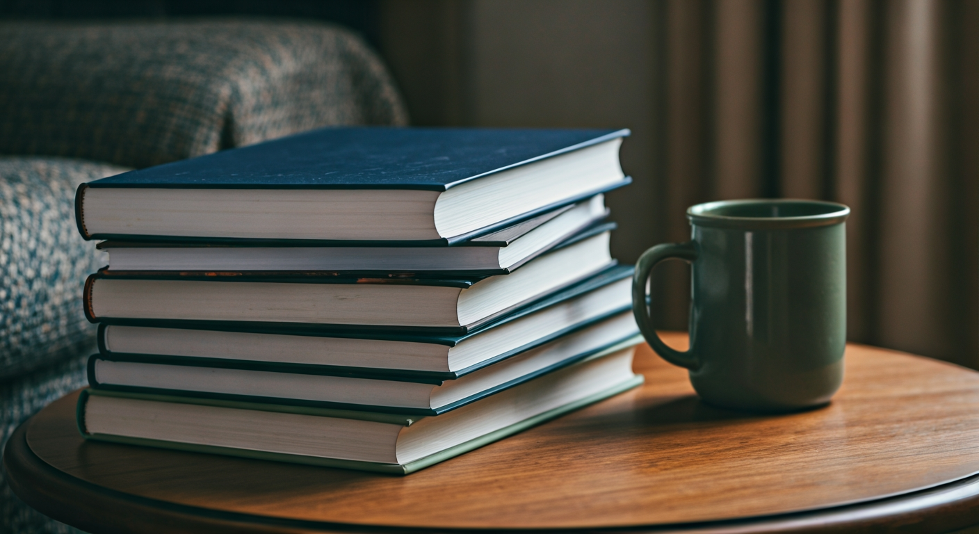 a stack of preparedness reference books on a wooden side table next to a mug of tea, no text on covers visible